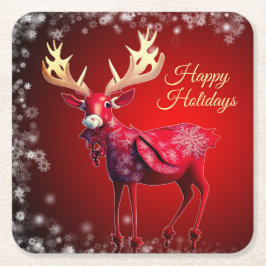 Porta-copo De Papel Quadrado Christmas Party Red Reindeer White Snowflakes