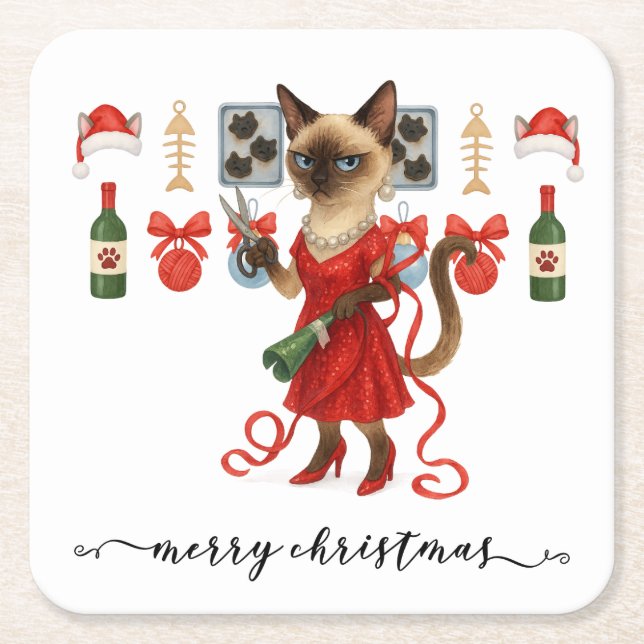 Porta-copo De Papel Quadrado Christmas Siamese Cat is celebrating at home (Frente)