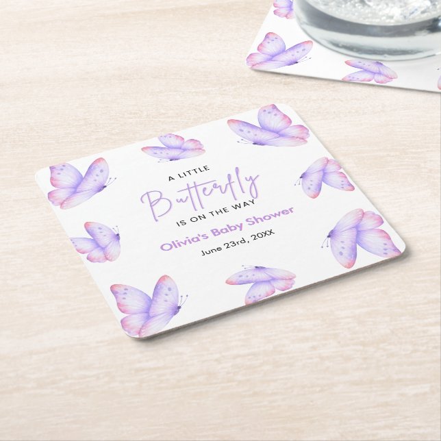 Porta-copo De Papel Quadrado Chuva de Bebê Borboleta Rosa Roxa  (Inclinado)