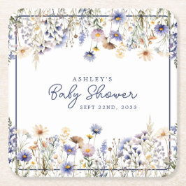 Porta-copo De Papel Quadrado Chuva de Bebê em Aquarela Boho Flor Silvestre Azul