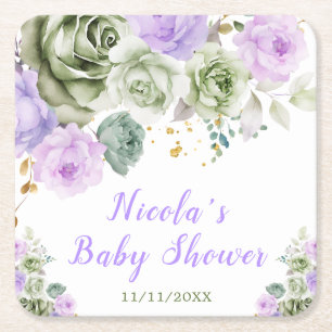 Porta-copo De Papel Quadrado Chuva de Bebê Floral em Verde Salvia e Roxo