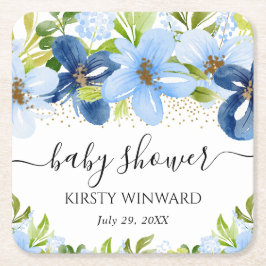 Porta-copo De Papel Quadrado Chuva de Bebê Flores de Verão Azul Aquarela