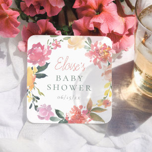 Porta-copo De Papel Quadrado Chuva de Bebê Menina Aquarela Flores da Primavera