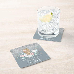 Porta-copo De Papel Quadrado Chuva de Bebê Urso Floral Brilho Azul Suave