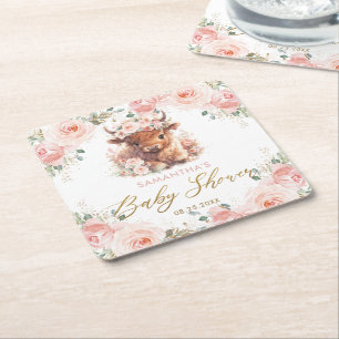 Porta-copo De Papel Quadrado Chuva de Bebê Vaca Highland Fofa Floral Rosa