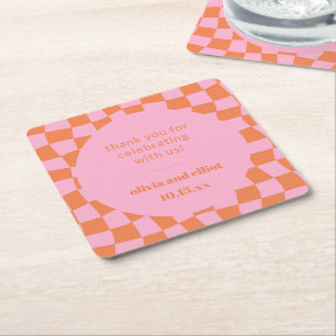 Porta-copo De Papel Quadrado Chuva de Casal Personalizada Rosa Laranja Xadrez R