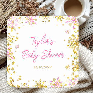 Porta-copo De Papel Quadrado Chuva de Flocos de Neve Rosa e Dourado para Baby S
