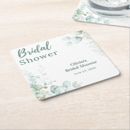 Porta-copo De Papel Quadrado Chuva de Noiva Botânica Eucalipto Verde Dourado