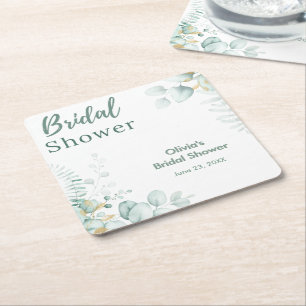 Porta-copo De Papel Quadrado Chuva de Noiva Botânica Eucalipto Verde Dourado