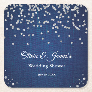 Porta-copo De Papel Quadrado Chuva de Noiva Casal Denim Azul Diamantes Pérolas