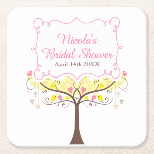 Porta-copo De Papel Quadrado Chuva de Noiva Floral Amarela Rosa Pássaro