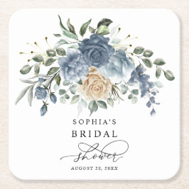 Porta-copo De Papel Quadrado Chuva de Noiva Floral em Azul Poeirento e Champanh