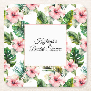 Porta-copo De Papel Quadrado Chuva de Noiva Floral Hibisco Rosa Tropical