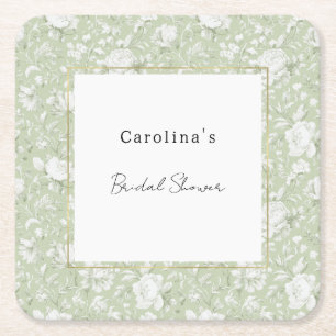 Porta-copo De Papel Quadrado Chuva de Noiva Floral Romântica Verde e Branca