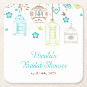 Porta-copo De Papel Quadrado Chuva de Noiva Floral Verde e Azul Elegante