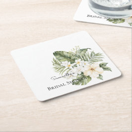 Porta-copo De Papel Quadrado Chuva de Noiva Folhas Verdes Tropicais Orquídeas B
