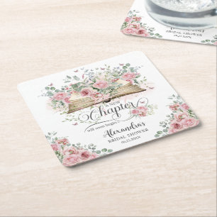 Porta-copo De Papel Quadrado Chuva de Rosas Rosa Floral Livro Novo Capítulo Chá