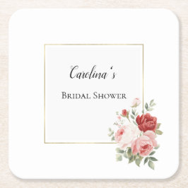 Porta-copo De Papel Quadrado Chuva Nupcial Floral de Rosas Vermelhas Rosadas em