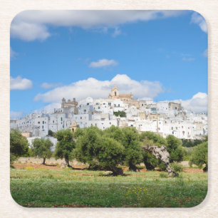 Porta-copo De Papel Quadrado Cidade branca Ostuni com oliveiras, porta copos de