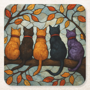 Porta-copo De Papel Quadrado Cinco Gatos em um Galho de Árvore Estilo Vidro Col