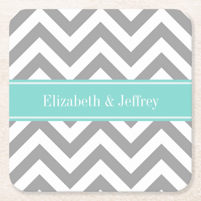 Porta-copo De Papel Quadrado Cinza Dk White LG Chevron Turquoise Nome Monograma (Frente)