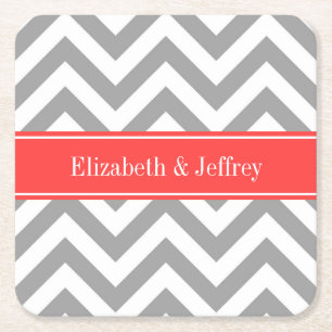Porta-copo De Papel Quadrado Cinza Escura Lg Chevron Coral Red Name Monograma