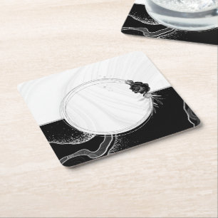 Porta-copo De Papel Quadrado cinza prata elegante e floral preto