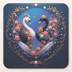 Porta-copo De Papel Quadrado Cisnes de Casamento Enquadrados com Ouro e Flores
