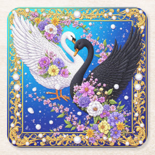 Porta-copo De Papel Quadrado Cisnes de Casamento Enquadrados com Ouro e Flores
