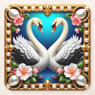 Porta-copo De Papel Quadrado Cisnes de Casamento Enquadrados com Ouro e Flores