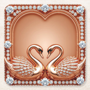 Porta-copo De Papel Quadrado Cisnes em Rosa Dourado Coração de Diamante Ornado