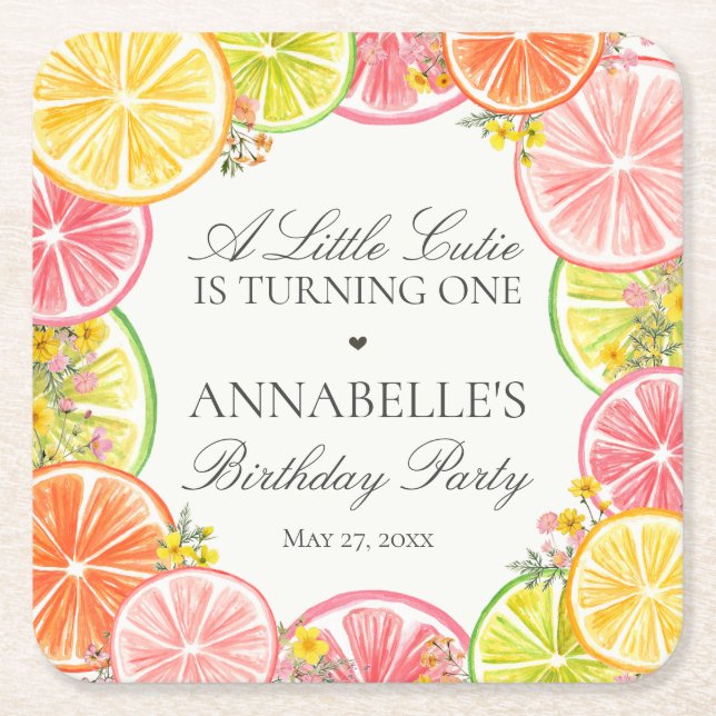 Porta-copo De Papel Quadrado Citrus Floral Little Cutie Festa de aniversário (Frente)