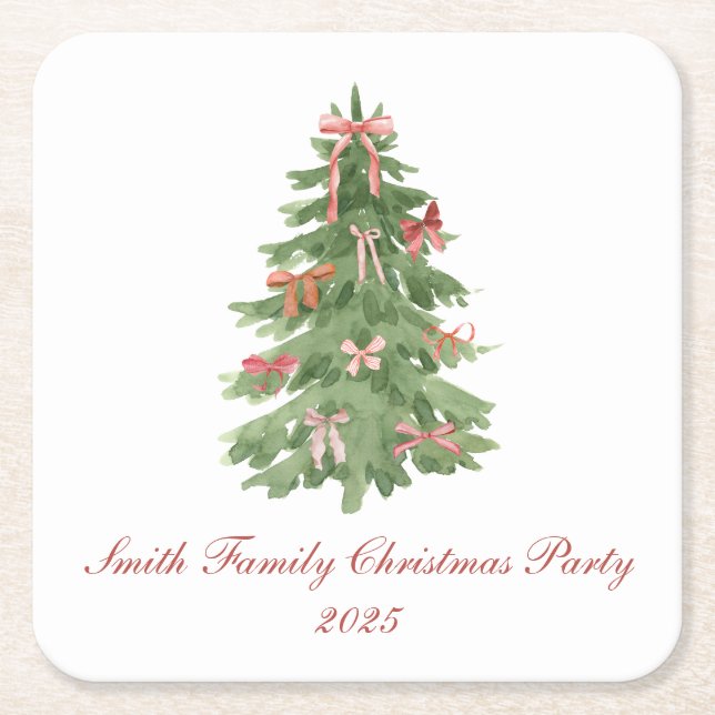 Porta-copo De Papel Quadrado Classic Bow Tree Family Christmas Party Holiday (Frente)