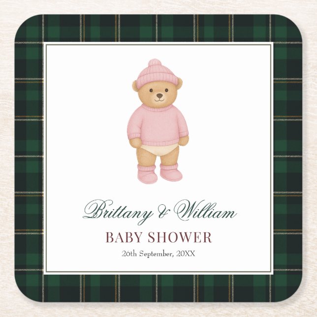 Porta-copo De Papel Quadrado Classic Preppy Bear Green Tartan Plaid Baby Shower (Frente)