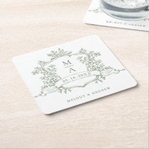 Porta-copo De Papel Quadrado Clássico Verde Sálvia Floral Brasão Monogramas Cas