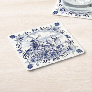 Porta-copo De Papel Quadrado Clássico Vintage Chic Dutch Windmill Delft Blue