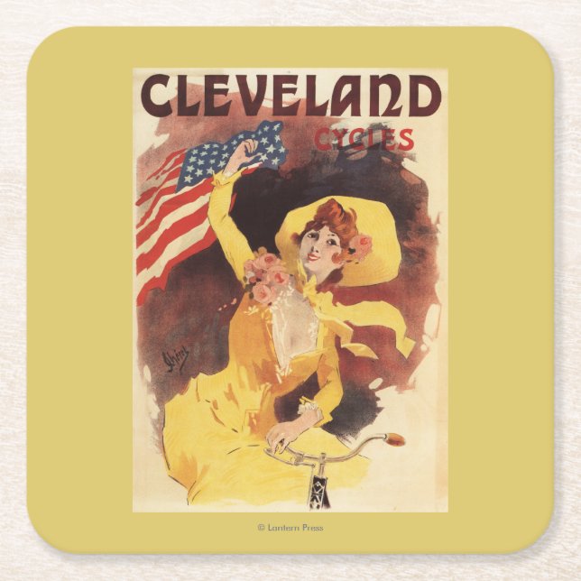 Porta-copo De Papel Quadrado Cleveland Bicycles a menina americana no amarelo (Frente)