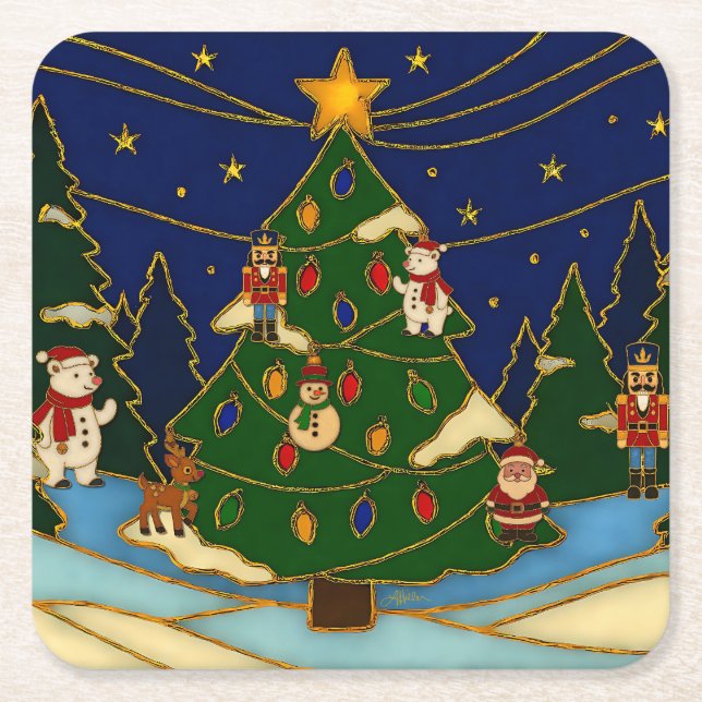 Porta-copo De Papel Quadrado Cloisonne Art Whimsical Forest Classic Christmas  (Frente)