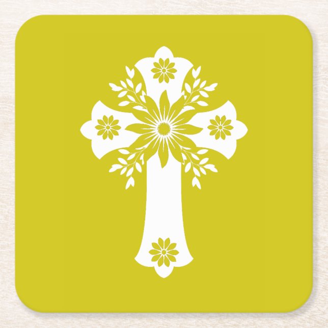 Porta-copo De Papel Quadrado Coasters Floral Cross Yellow (Frente)