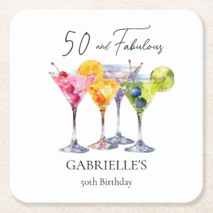 Porta-copo De Papel Quadrado Cocktail Martini de Aquarela Feliz Aniversário de