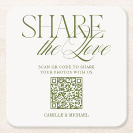 Porta-copo De Papel Quadrado Código QR Compartilhe o Amor Verde Oliva Casamento