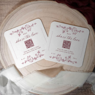 Porta-copo De Papel Quadrado Código QR de casamento floral vinho tinto vintage