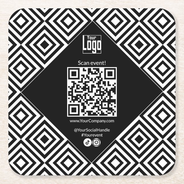 Porta-copo De Papel Quadrado Código QR digitalizável, CTA, www, Preto Social e  (Frente)