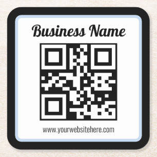 Porta-copo De Papel Quadrado Código QR e texto editáveis com borda azul clara