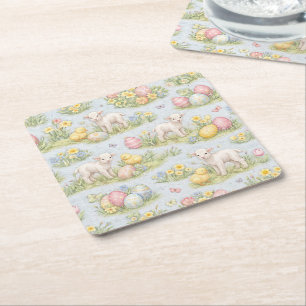 Porta-copo De Papel Quadrado Coelhinho de Páscoa e Pintura Floral de Primavera