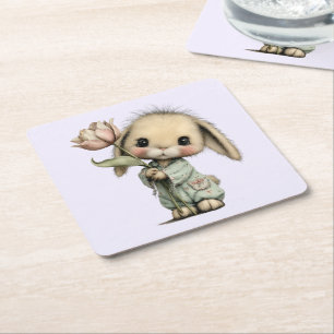 Porta-copo De Papel Quadrado Coelho Fofo Segurando um Tulipa