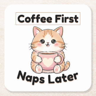 Porta-copo De Papel Quadrado Coffee First Naps Later Cute Cat | Kawaii Coffee 