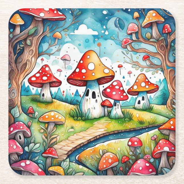 Porta-copo De Papel Quadrado Cogumelos brancos folhas design (Frente)