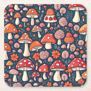 Porta-copo De Papel Quadrado Cogumelos florais vermelhos, de cor verde