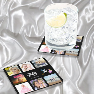 Porta-copo De Papel Quadrado Colagem de fotos com 70 festa de aniversário preta